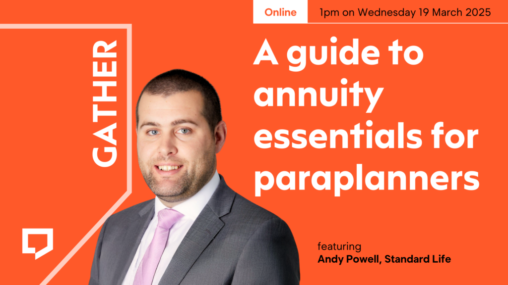 A horizontal image with orange background. To the right of centre, the title displayed is 'A guide to annuity essentials for paraplanners'. Above the title smaller text reads 'Online - 1pm on Wednesday 19 March 2025'. To the left of title is the focal image of the promotion - a headshot of Andy Powell from Standard Life.