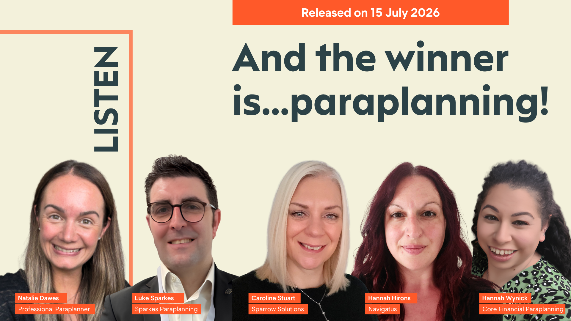 A horizontal cover image with a taupe background. The title ‘And the winner is...paraplanning!’ appears in large text on the right of the image. Along the bottom edge of the image are cut-out head-and-shoulders shots of (from left to right) Natalie Dawes of Professional Paraplanner, Luke Sparkes of Sparkes Paraplanning, Caroline Stuart of Sparrow Solutions, Hannah Hirons of Navigatus and Hannah Wynick of Core Financial Paraplanning. At the top-right of the image, the words ‘Released on 15 July 2026’ are displayed.